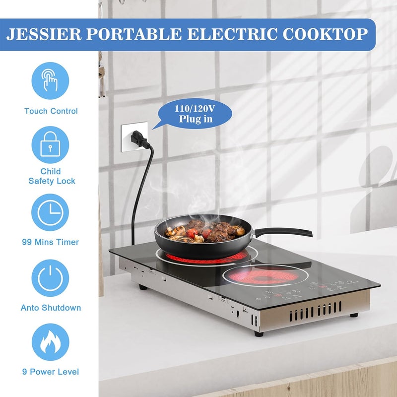 Jessier 12 Inch Electric Cooktop - 2 Burner Countertop & Built-in Electric Stove Top, 120V Plug in Electrical Cook Top, Timer, Safety Lock, Over-Temperature Protection, Sensor Touch Control - Image 5